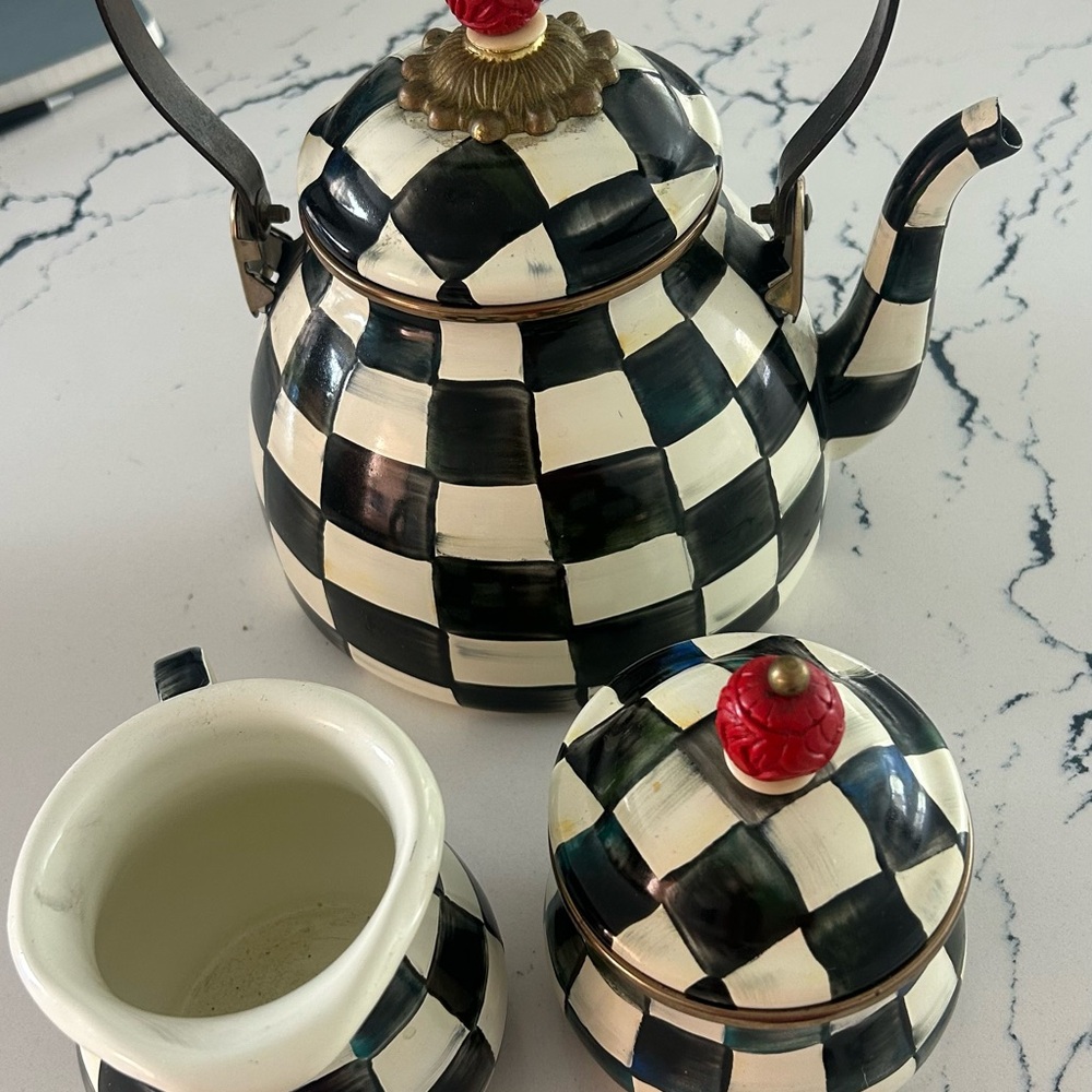 Mackenzie Childs Black and white Checkered Teapot and Sugar Bowl Set-like new